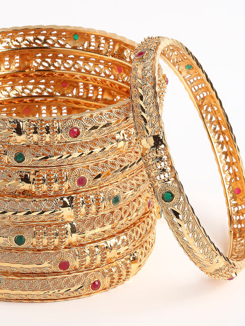 Gold-Plated & Red Stones-Studded Set Of 8 Meenakari  Bangles