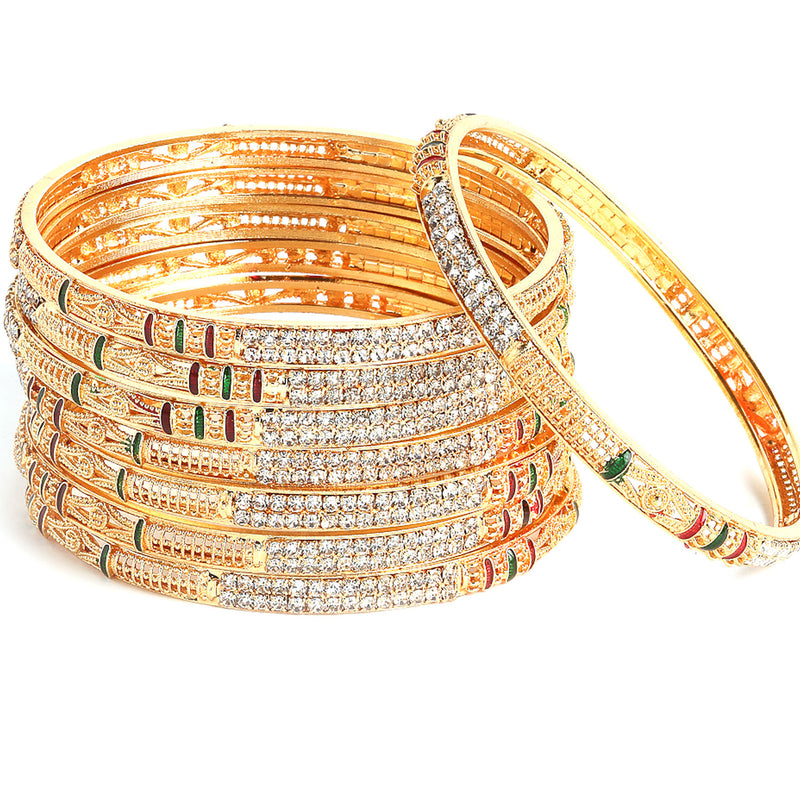 Set of 8 Red and Green Gold-Plated Crystal Studded Meenakari Handcrafted Bangles Combo