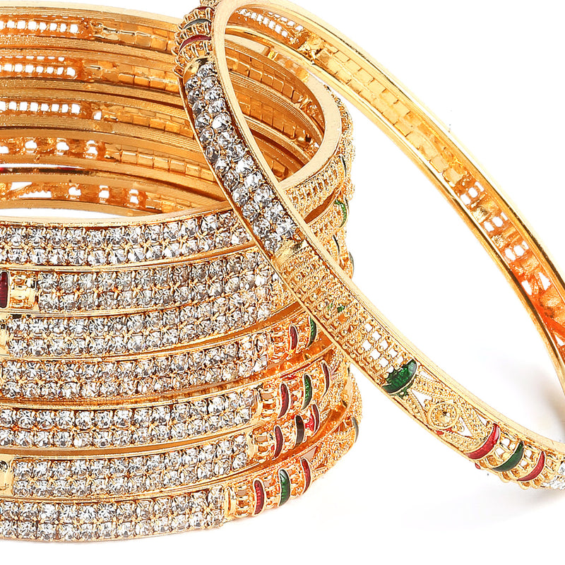 Set of 8 Red and Green Gold-Plated Crystal Studded Meenakari Handcrafted Bangles Combo