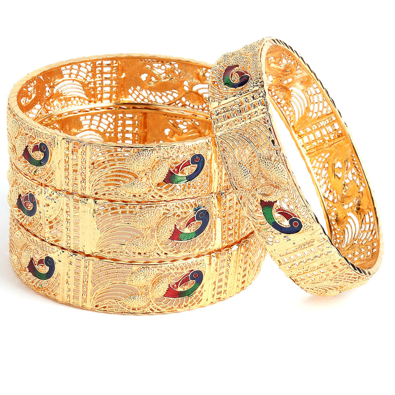 Set of 4 Gold Plated Meenakari Textured Peacock With Cut Out and Detail Bangles