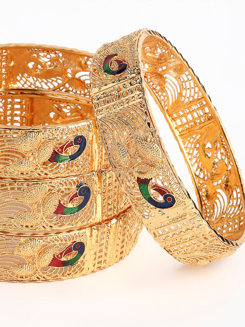 Set of 4 Gold Plated Meenakari Textured Peacock With Cut Out and Detail Bangles