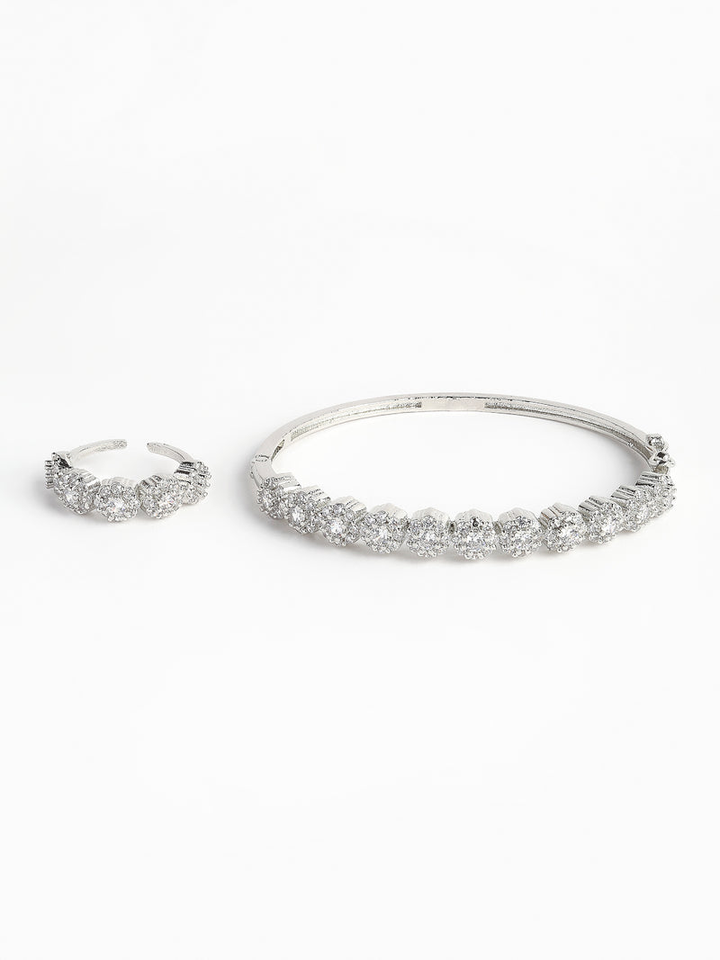 Rhodium-Plated with Silver-Toned American Diamond Studded Bangle Style Kada Bracelet with Matching Ring