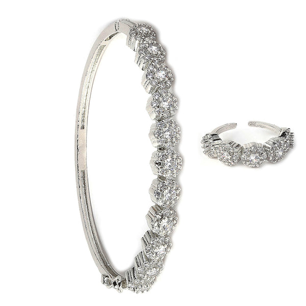 Rhodium Plated Silver Toned  White American Diamond Studded Bangle & Ring Set