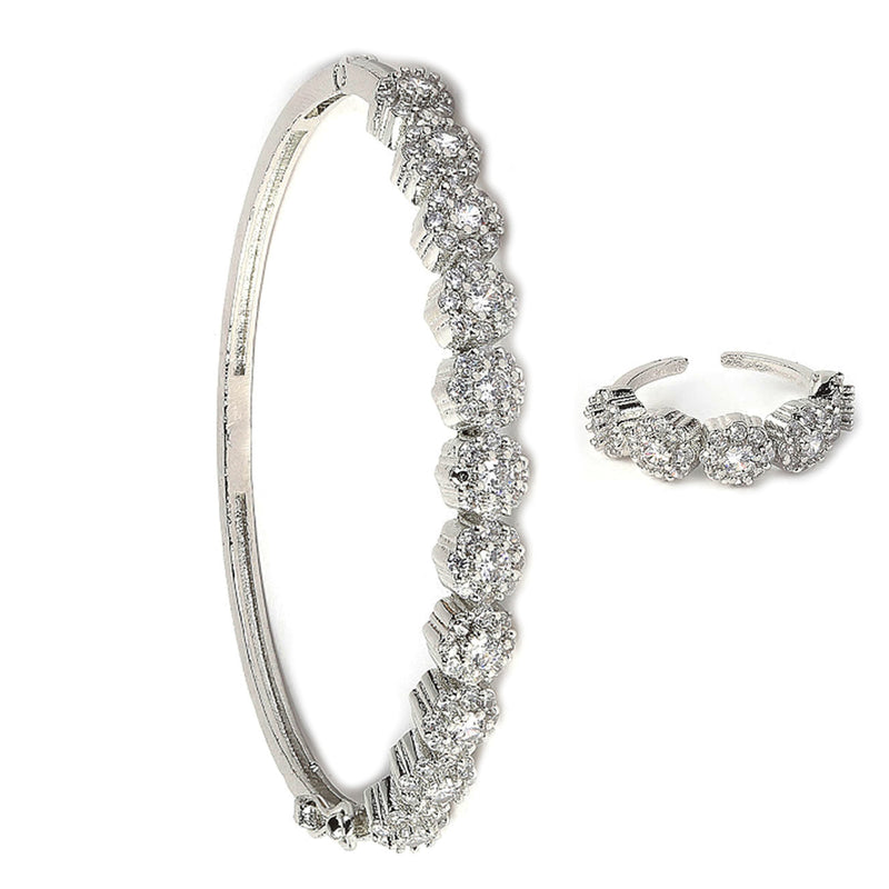 Rhodium Plated Silver Toned  White American Diamond Studded Bangle & Ring Set