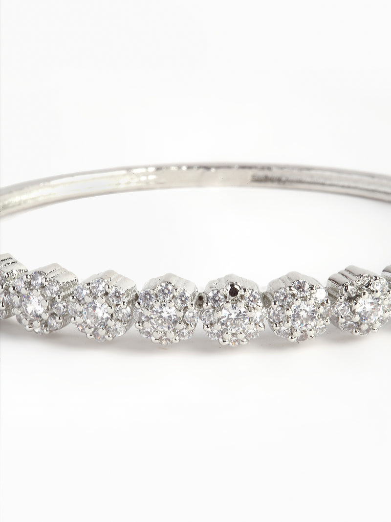 Rhodium-Plated with Silver-Toned American Diamond Studded Bangle Style Kada Bracelet with Matching Ring