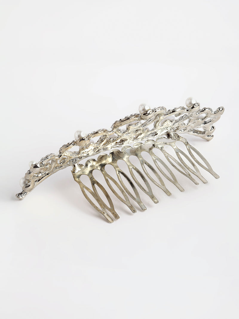 Rhodium-Plated with Silver-Toned and White Pearl Studded Embellished Comb Pin