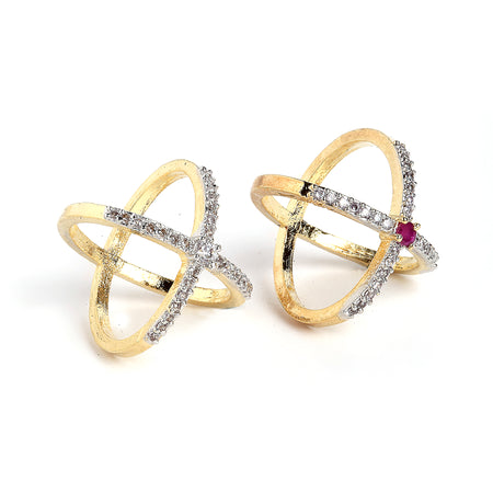 Gold-Plated X-Criss Cross Cubic Zirconia Studded Ring Set Of 2