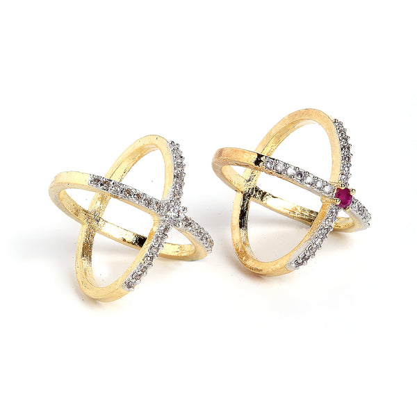 Gold-Plated X-Criss Cross Cubic Zirconia Studded Ring Set Of 2