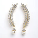 Gold-Plated Leaf Pearl Drop White American Diamond Studded Ear Cuffs