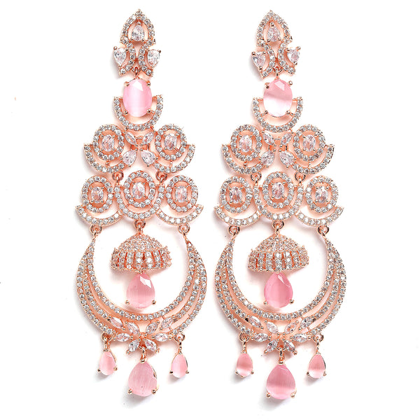 Pink American Diamond with Rose Gold-Plated Contemporary Chandbalis Earrings