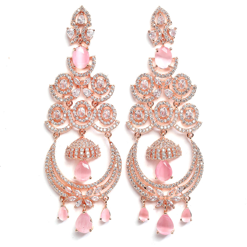 Pink American Diamond with Rose Gold-Plated Contemporary Chandbalis Earrings
