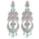 Sea Green & White Rhodium-Plated with Silver-Tone American Diamond Studded Chandelier Earrings