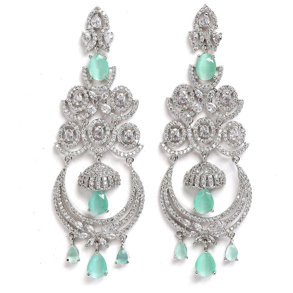 Sea Green & White Rhodium-Plated with Silver-Tone American Diamond Studded Chandelier Earrings
