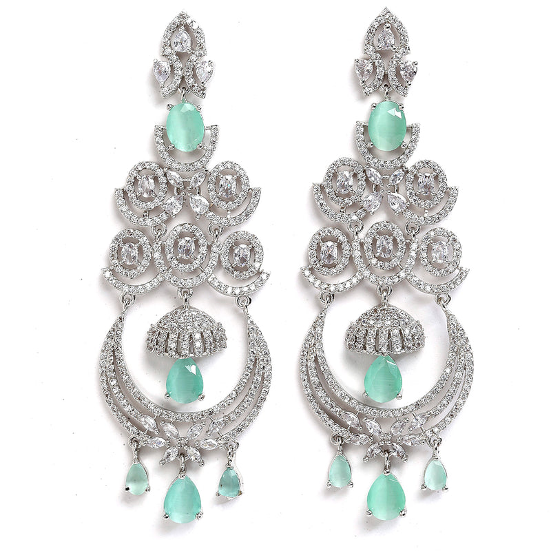Sea Green & White Rhodium-Plated with Silver-Tone American Diamond Studded Chandelier Earrings