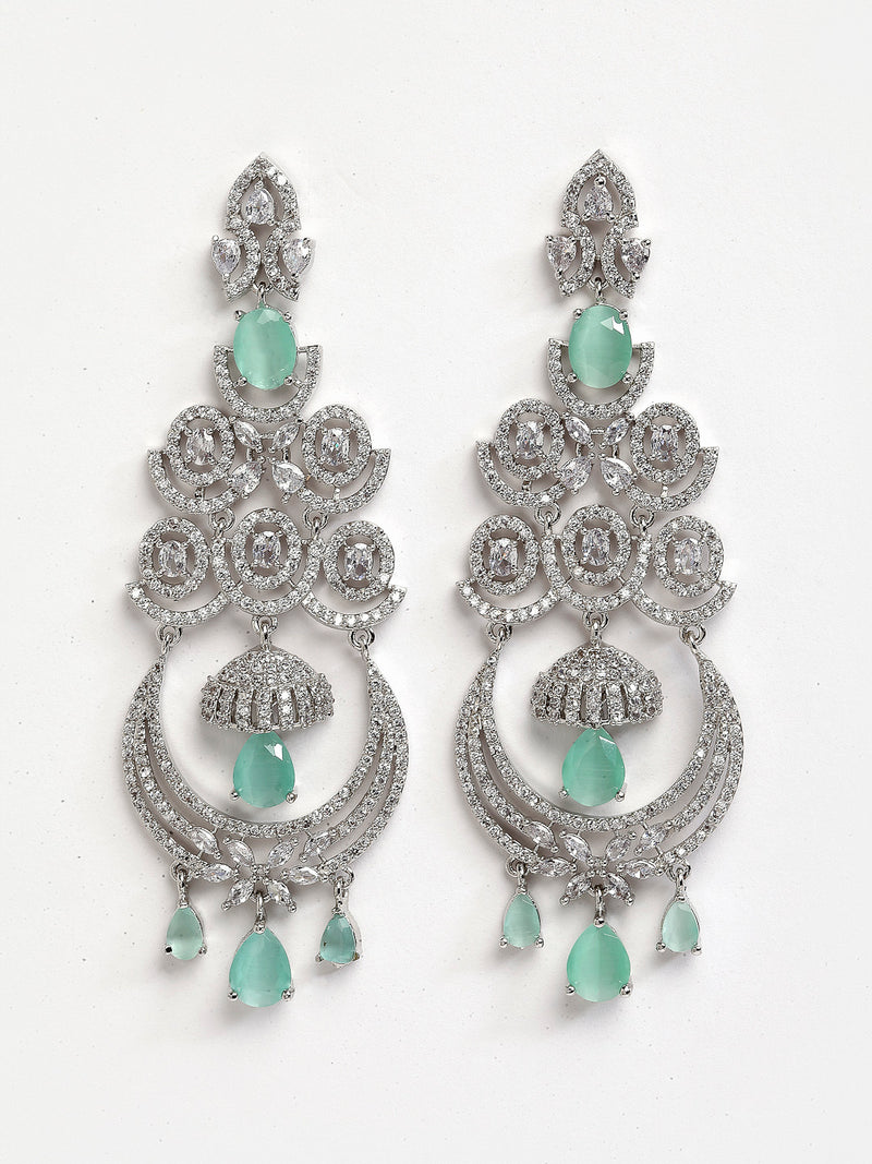 Sea Green & White Rhodium-Plated with Silver-Tone American Diamond Studded Chandelier Earrings