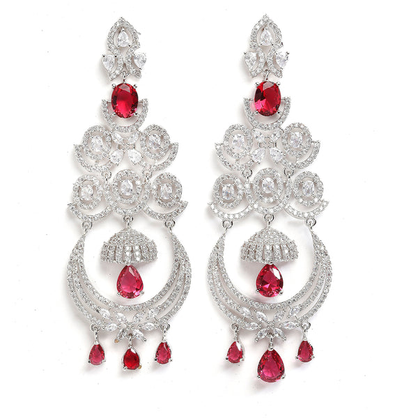 Red & White Rhodium-Plated with Silver-Tone American Diamond Studded Chandelier Earrings