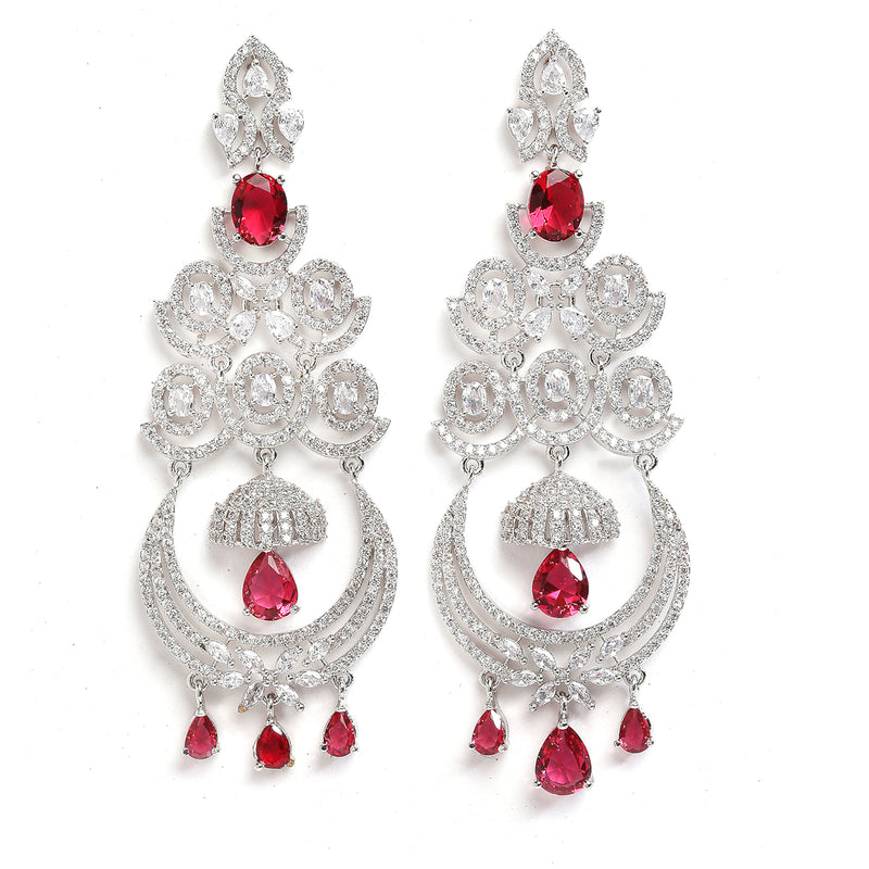 Red & White Rhodium-Plated with Silver-Tone American Diamond Studded Chandelier Earrings