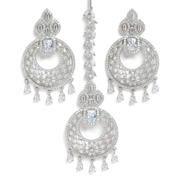 Rhodium-Plated Silver-Toned White Round American Diamond Studded Maang Tikka & Earrings Set
