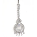 Rhodium-Plated Silver-Toned White Round American Diamond Studded Maang Tikka & Earrings Set