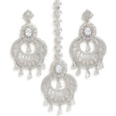Rhodium-Plated Silver-Toned White American Diamond Studded Maang Tikka And Earrings Set