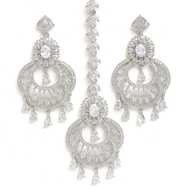 Rhodium-Plated Silver-Toned White American Diamond Studded Maang Tikka And Earrings Set