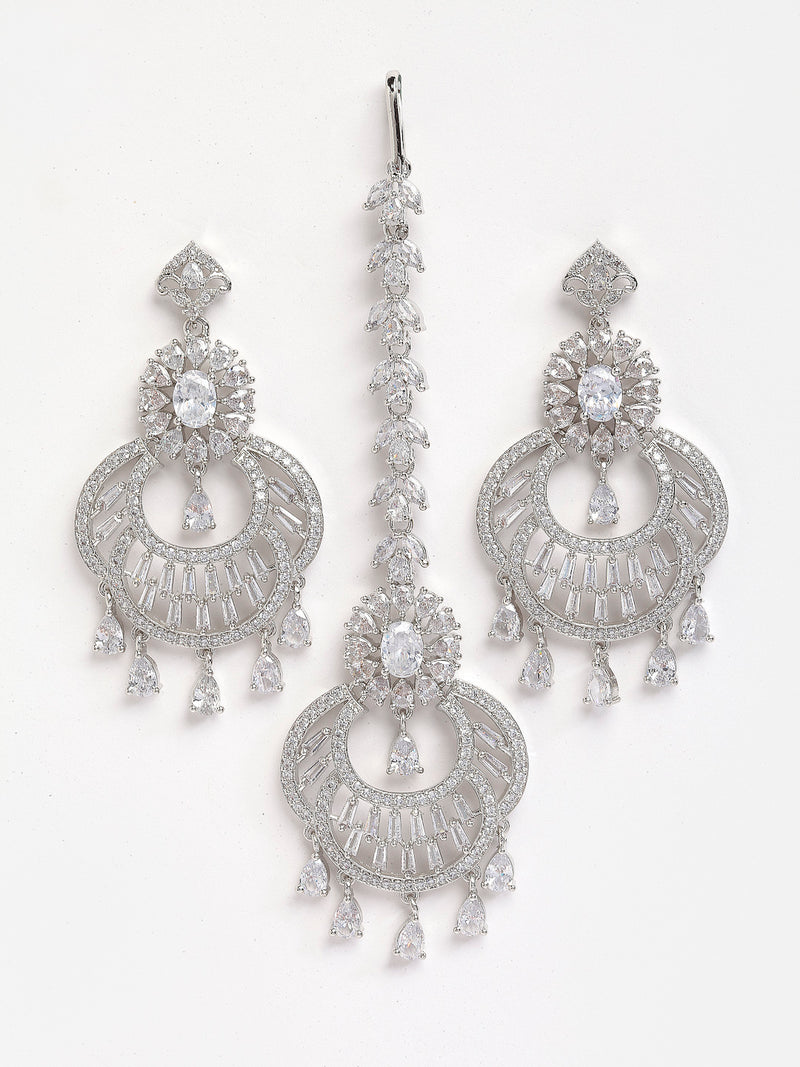 Chandbali Styled Design Rhodium-Plated with Silver-Toned White American Diamond Studded Maang Tikka And Earrings Set