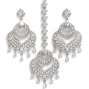 Rhodium-Plated Silver-Toned Heart Shaped White American Diamond-Studded Maang Tikka & Earrings Set