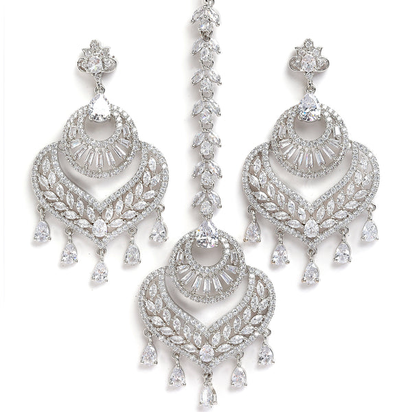 Rhodium-Plated Silver-Toned Heart Shaped White American Diamond-Studded Maang Tikka & Earrings Set