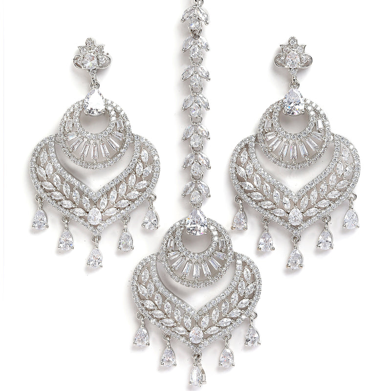 Rhodium-Plated Silver-Toned Heart Shaped White American Diamond-Studded Maang Tikka & Earrings Set