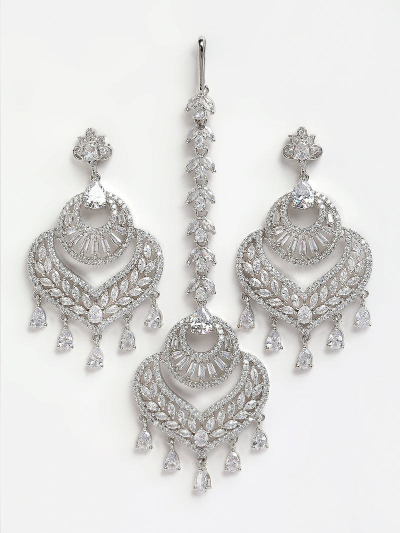 Heart Shaped Rhodium-Plated with Silver-Toned White American Diamond-Studded Maang Tikka & Earrings Jewellery Set