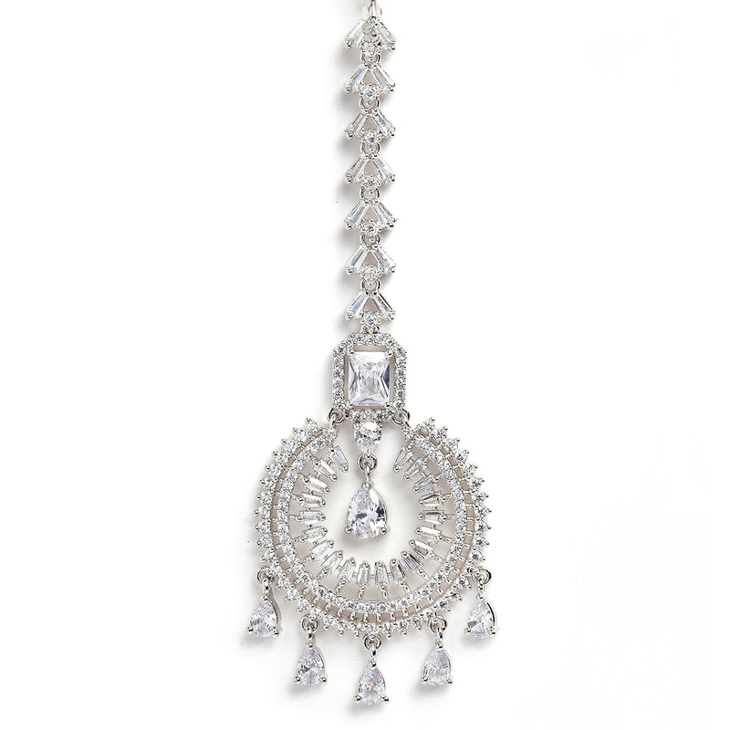 Rhodium-Plated with Silver-Toned Round Shape White American Diamond-Studded Maang Tikka & Earrings Set