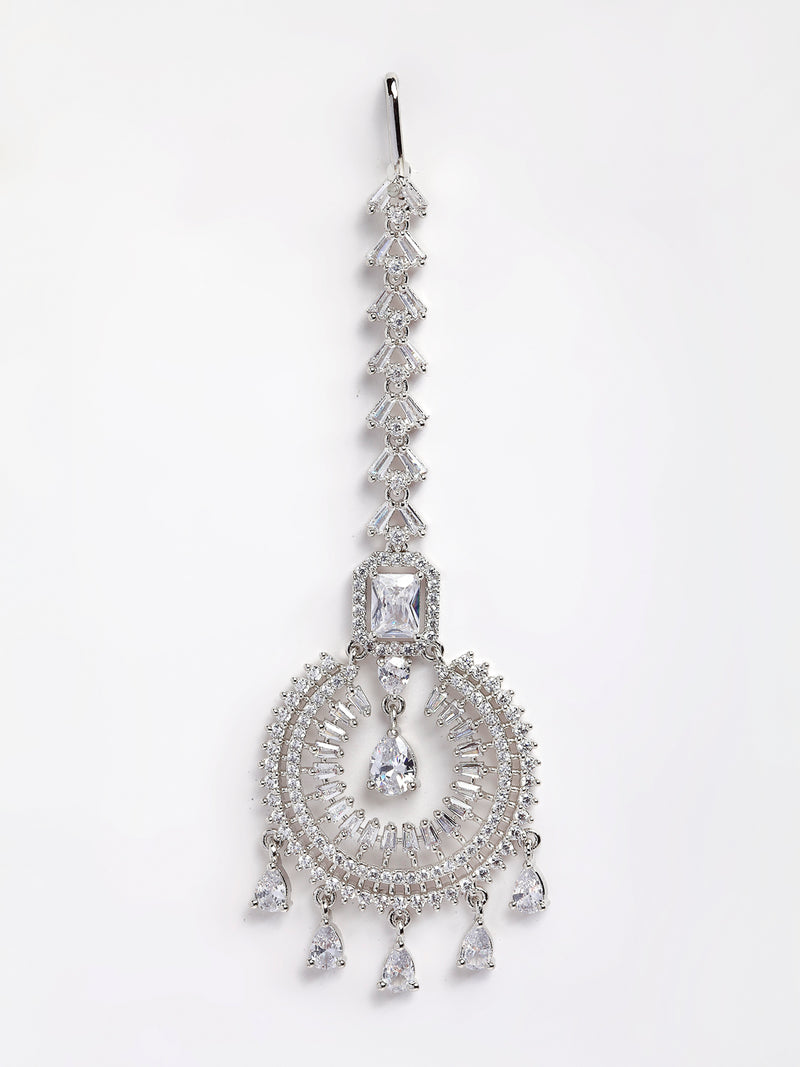 Silver-Plated White Round AD-Studded Maang Tikka And Chandeliers Earrings Set