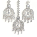 Rhodium-Plated with Silver-Toned Round Shape White American Diamond-Studded Maang Tikka & Earrings Set