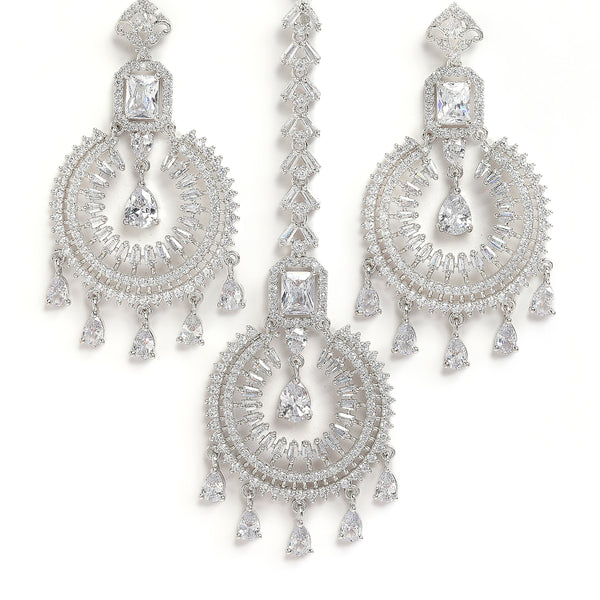 Rhodium-Plated with Silver-Toned Round Shape White American Diamond-Studded Maang Tikka & Earrings Set