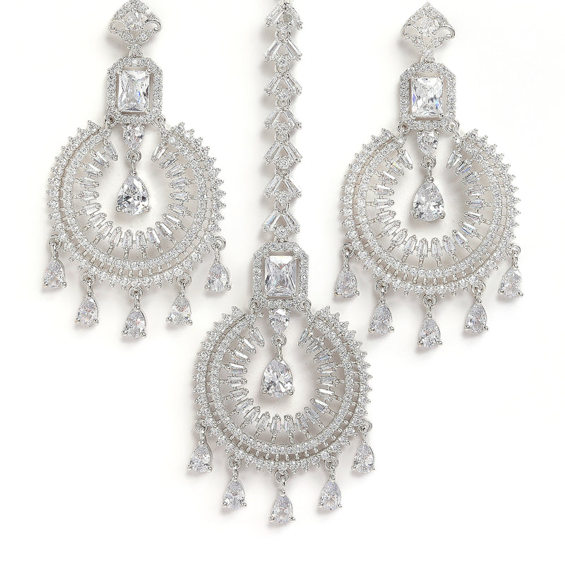Rhodium-Plated with Silver-Toned Round Shape White American Diamond-Studded Maang Tikka & Earrings Set