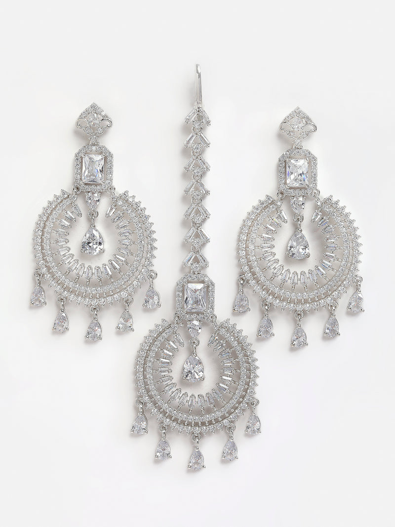Silver-Plated White Round AD-Studded Maang Tikka And Chandeliers Earrings Set