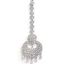 Rhodium-Plated Silver-Toned White Round American Diamond Studded Maang Tikka & Earrings Set