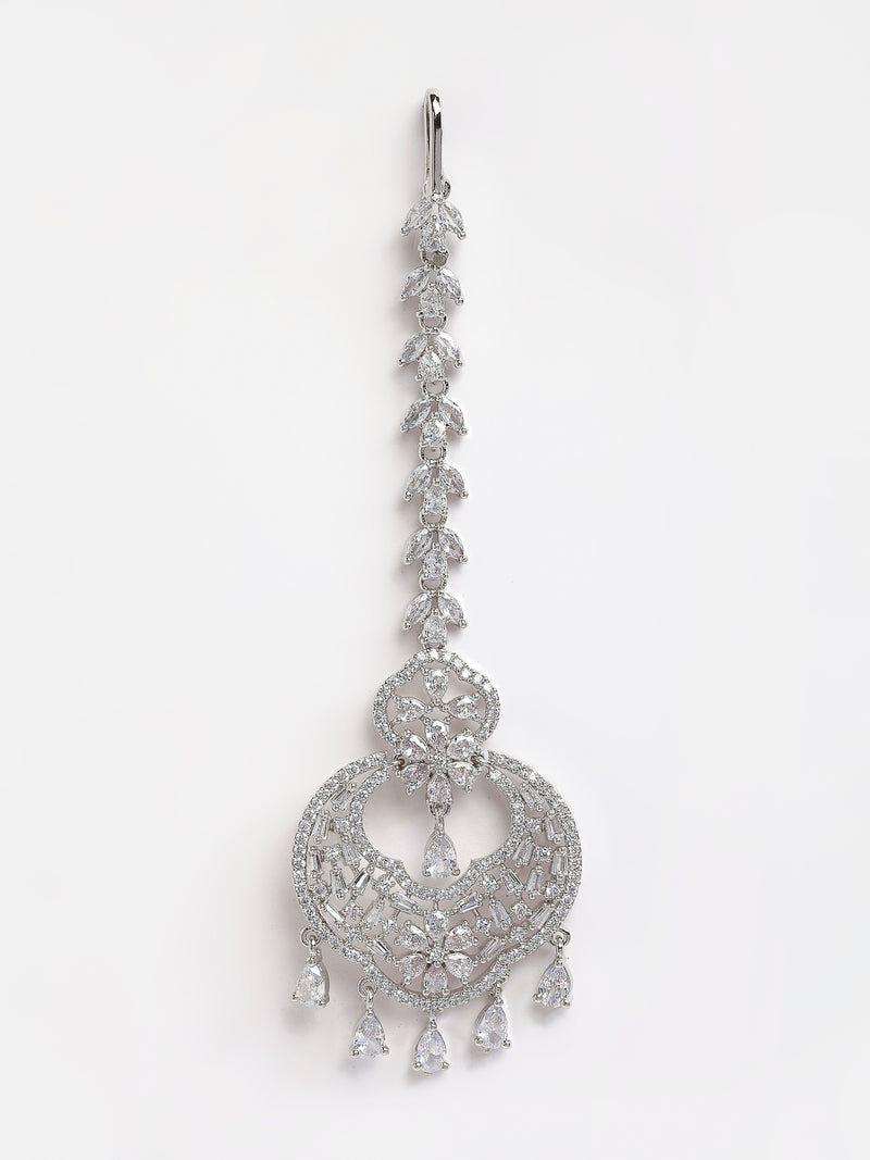 Pear Shaped Silver-Plated White American Diamond-Studded Maang Tikka And Earrings Set