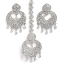 Rhodium-Plated Silver-Toned White Round American Diamond Studded Maang Tikka & Earrings Set