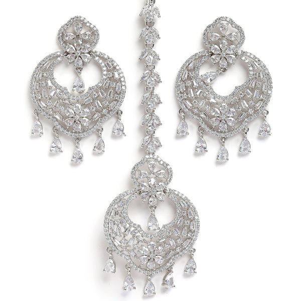 Rhodium-Plated Silver-Toned White Round American Diamond Studded Maang Tikka & Earrings Set