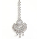 Rhodium-Plated Silver-Toned Teardrop Shaped White American Diamond-Studded Maang Tikka And Earrings Set