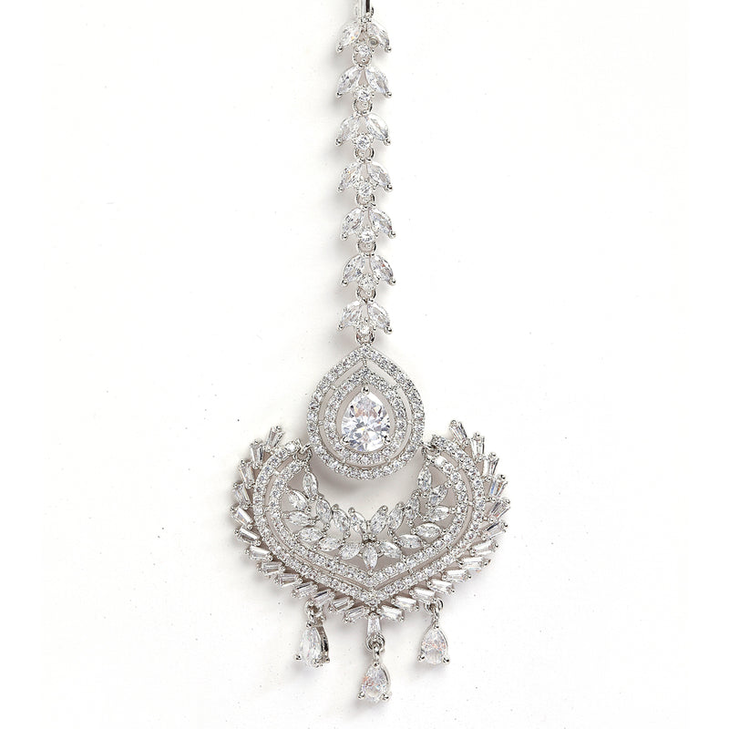 Rhodium-Plated with Silver-Toned Teardrop Shape White American Diamond-Studded Maang Tikka & Earrings Set