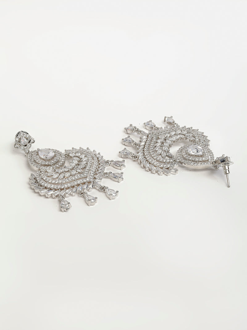 Rhodium-Plated with Silver-Toned White American Diamond-Studded Maang Tikka & Earrings Jewellery Set
