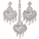 Rhodium-Plated Silver-Toned Teardrop Shaped White American Diamond-Studded Maang Tikka And Earrings Set