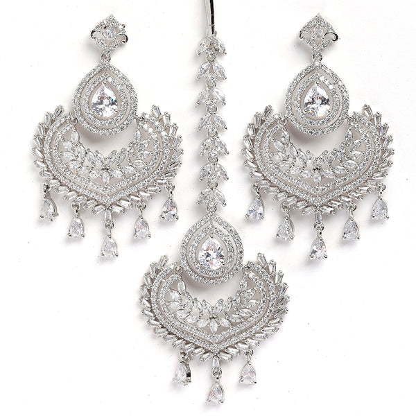 Rhodium-Plated Silver-Toned Teardrop Shaped White American Diamond-Studded Maang Tikka And Earrings Set