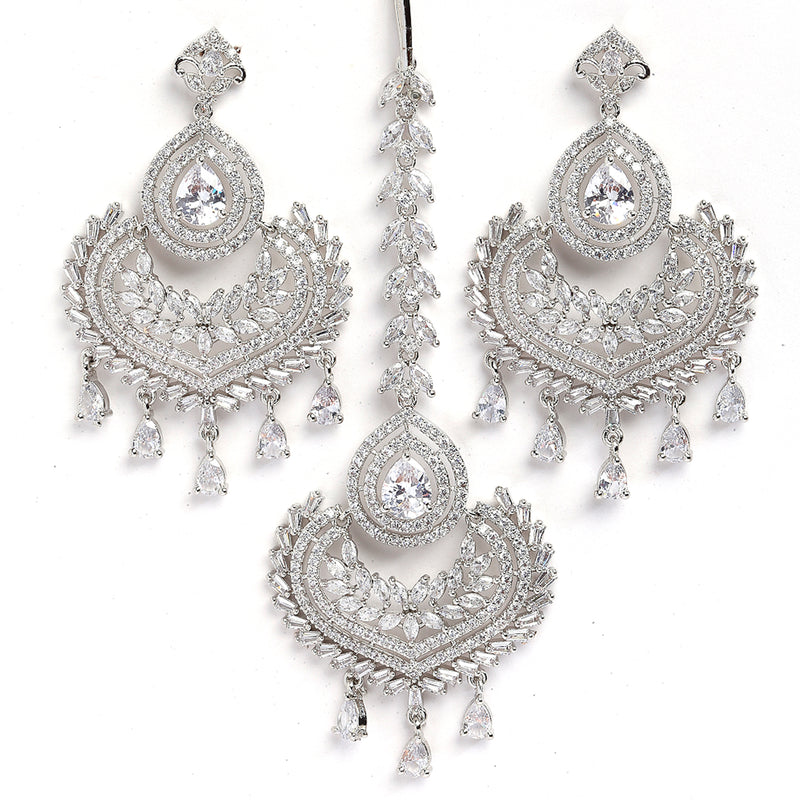 Rhodium-Plated with Silver-Toned Teardrop Shape White American Diamond-Studded Maang Tikka & Earrings Set