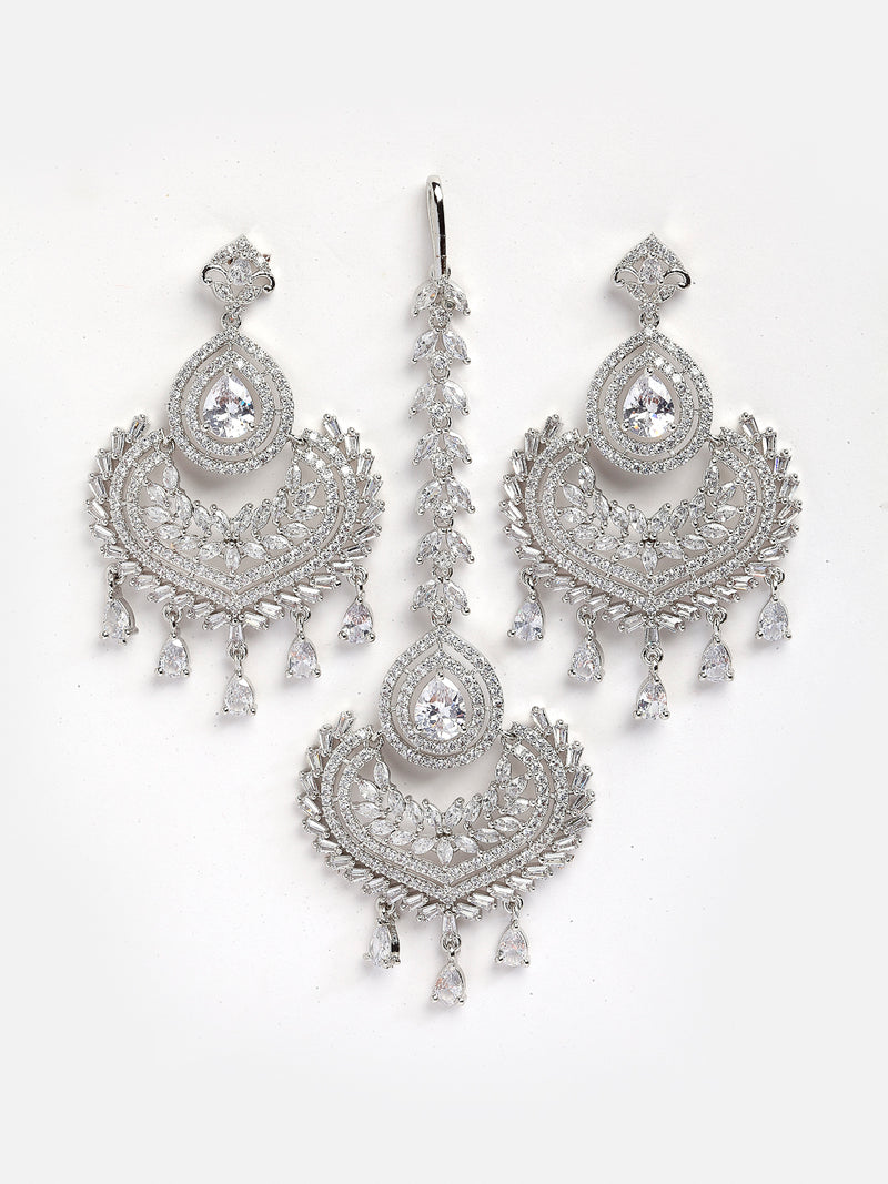 Rhodium-Plated with Silver-Toned White American Diamond-Studded Maang Tikka & Earrings Jewellery Set