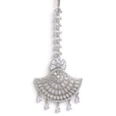 Rhodium-Plated Silver-Toned Fan Shaped American Diamond Studded Maang Tikka And Earrings Set