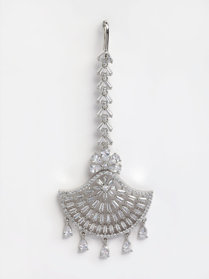 Silver Plated White Round American Diamond-Studded Maang Tikka And Earrings Set