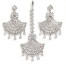 Rhodium-Plated Silver-Toned Fan Shaped American Diamond Studded Maang Tikka And Earrings Set